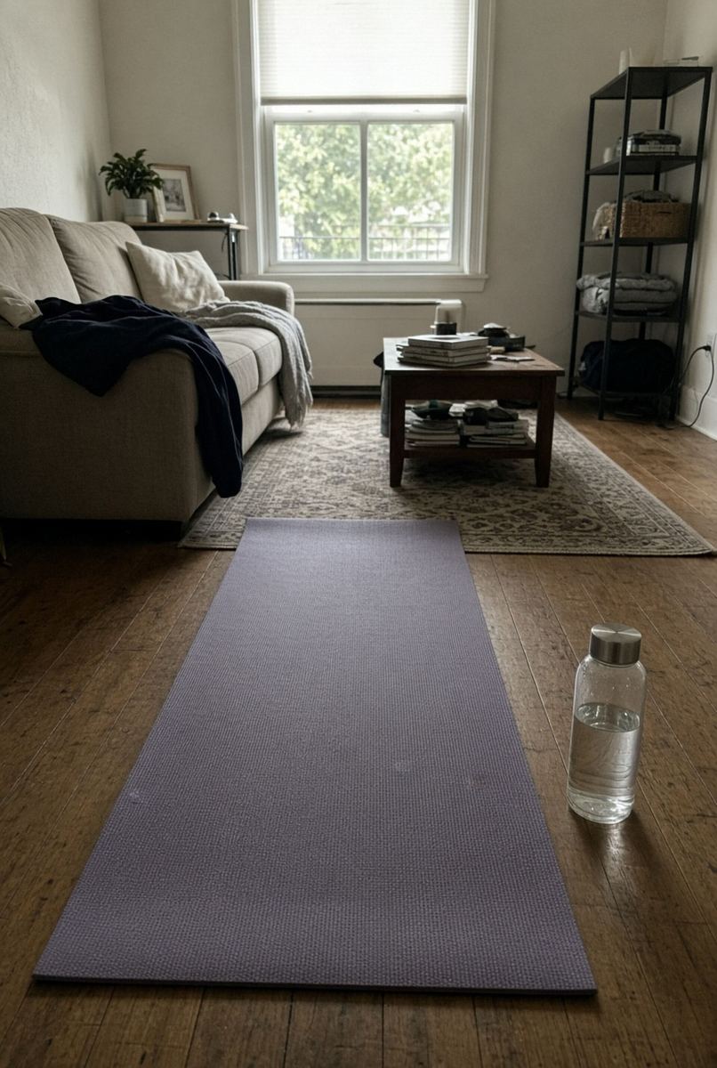 Der typische Start: eine einfache Matte im Wohnzimmer, genug Platz rundherum, eine Flasche Wasser.